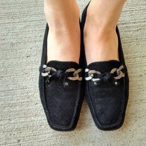 Stuart Weitzman Black Suede Loafers with Silver Chain Detail